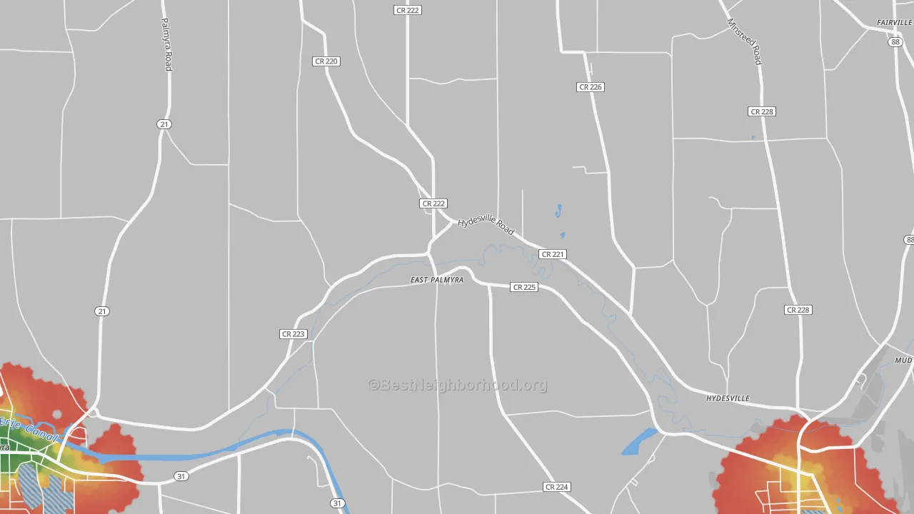 Walk Grade map of East Palmyra, NY, walkable areas in green and car-dependent areas in red