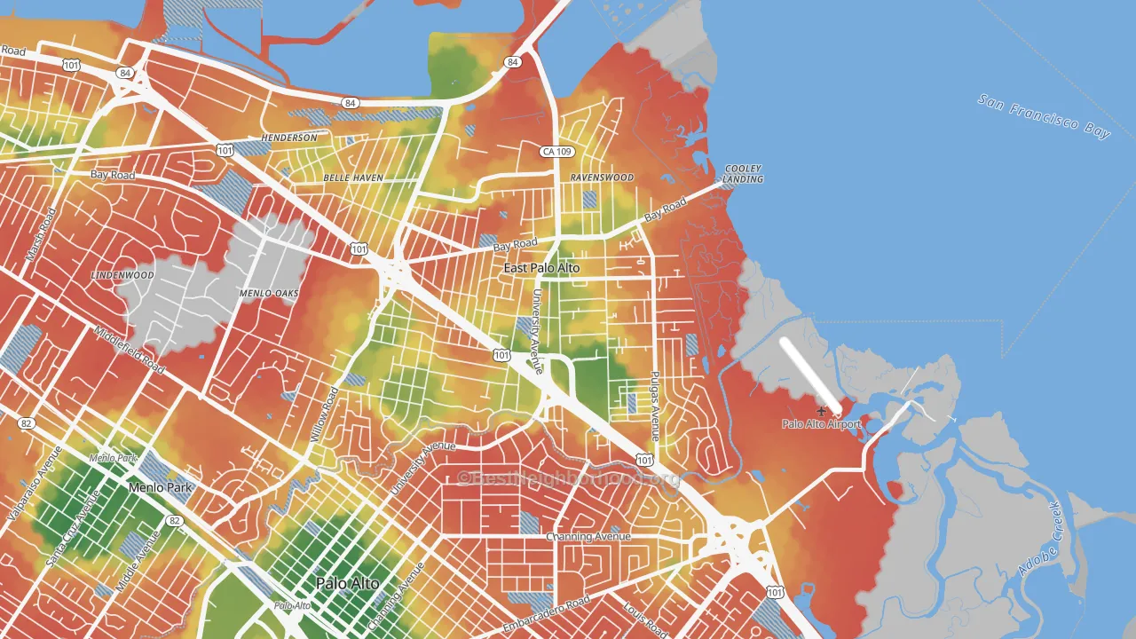 Walk Grade map of East Palo Alto, CA, walkable areas in green and car-dependent areas in red