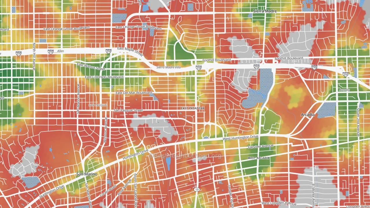 Walk Grade map of East Pasadena, CA, walkable areas in green and car-dependent areas in red