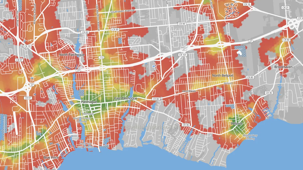 Walk Grade map of East Patchogue, NY, walkable areas in green and car-dependent areas in red