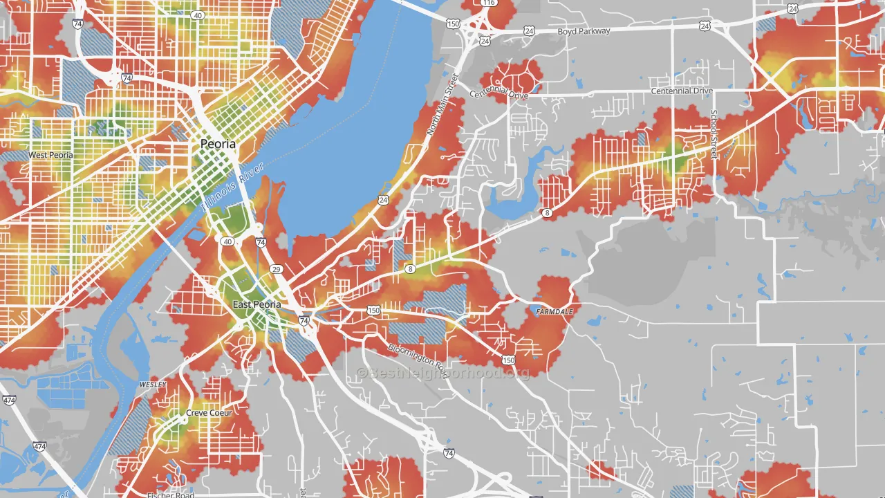 Walk Grade map of East Peoria, IL, walkable areas in green and car-dependent areas in red