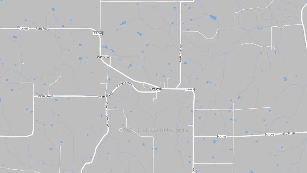Walk Grade map of East Peru, IA, walkable areas in green and car-dependent areas in red