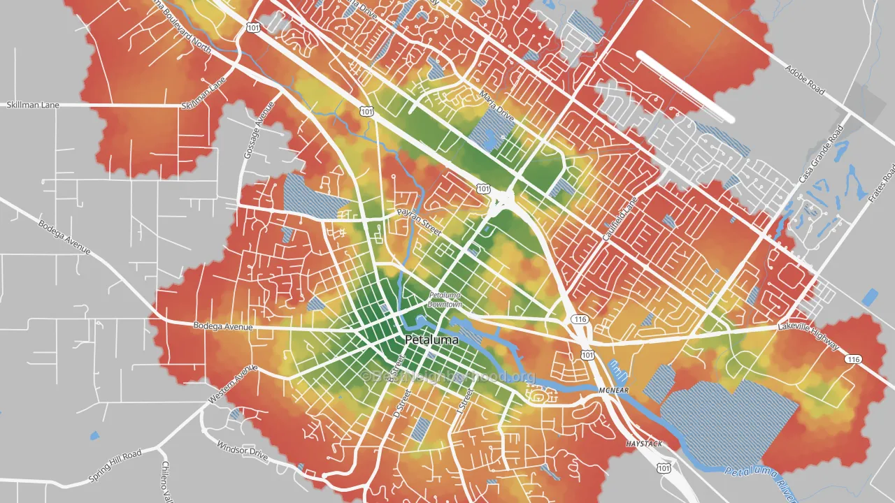 Walk Grade map of East Petaluma, Petaluma, CA, walkable areas in green and car-dependent areas in red