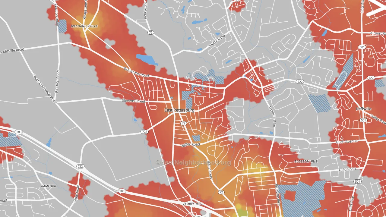 Walk Grade map of East Petersburg, PA, walkable areas in green and car-dependent areas in red
