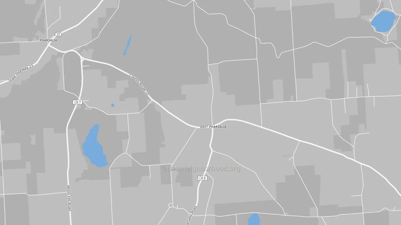 Walk Grade map of East Pharsalia, NY, walkable areas in green and car-dependent areas in red