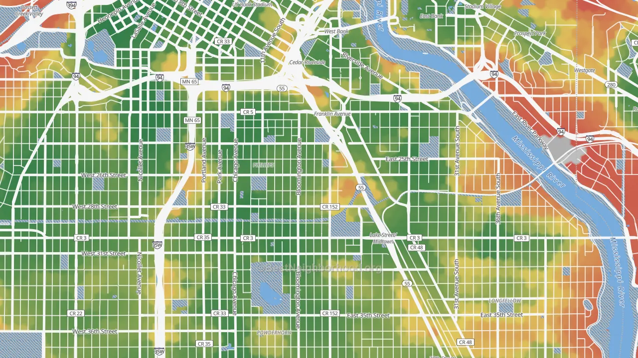 Walk Grade map of East Phillips, Minneapolis, MN, walkable areas in green and car-dependent areas in red