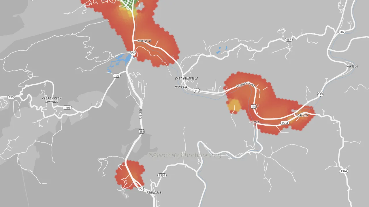 Walk Grade map of East Pineville, KY, walkable areas in green and car-dependent areas in red