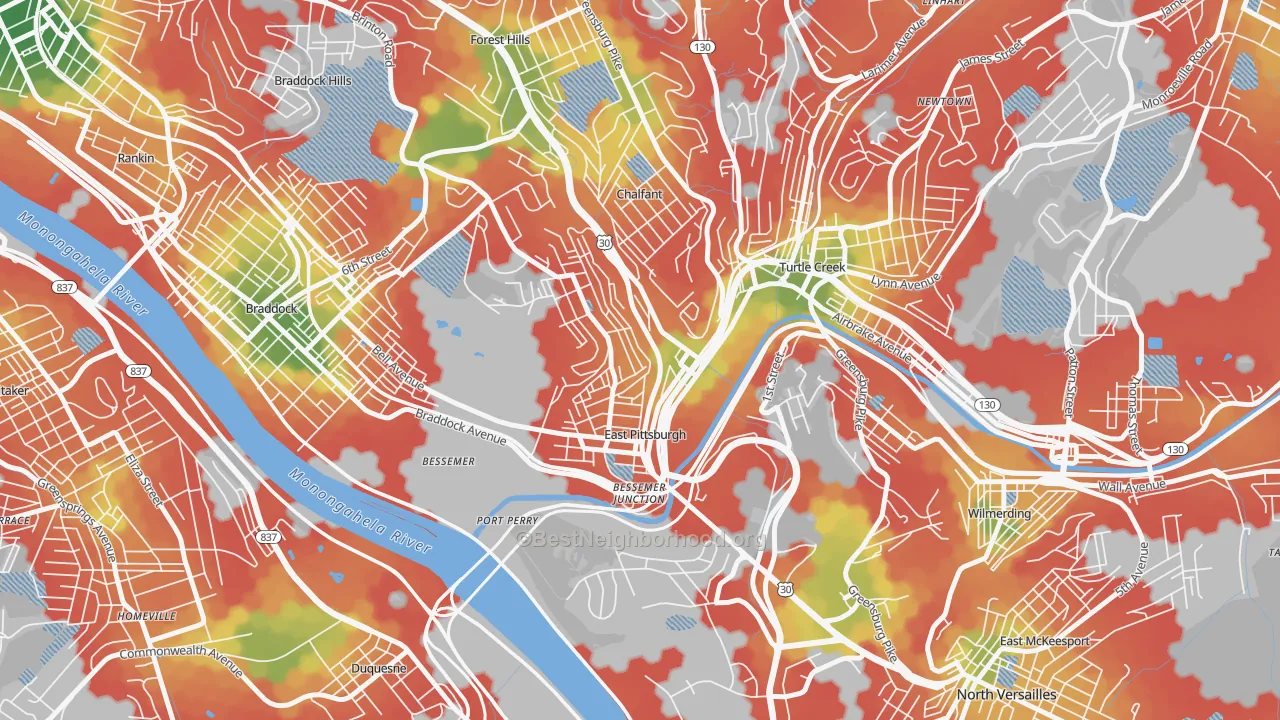 Walk Grade map of East Pittsburgh, PA, walkable areas in green and car-dependent areas in red