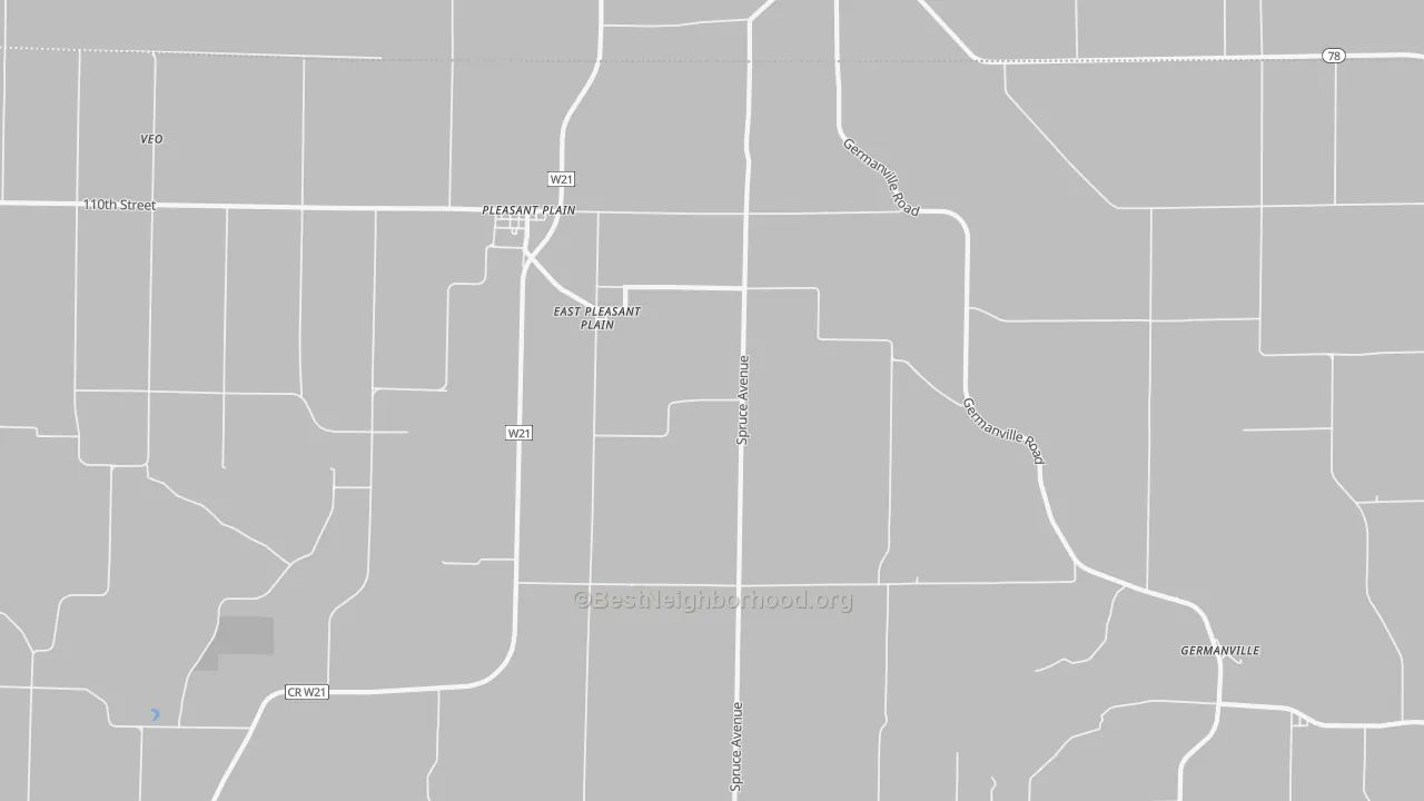 Walk Grade map of East Pleasant Plain, IA, walkable areas in green and car-dependent areas in red
