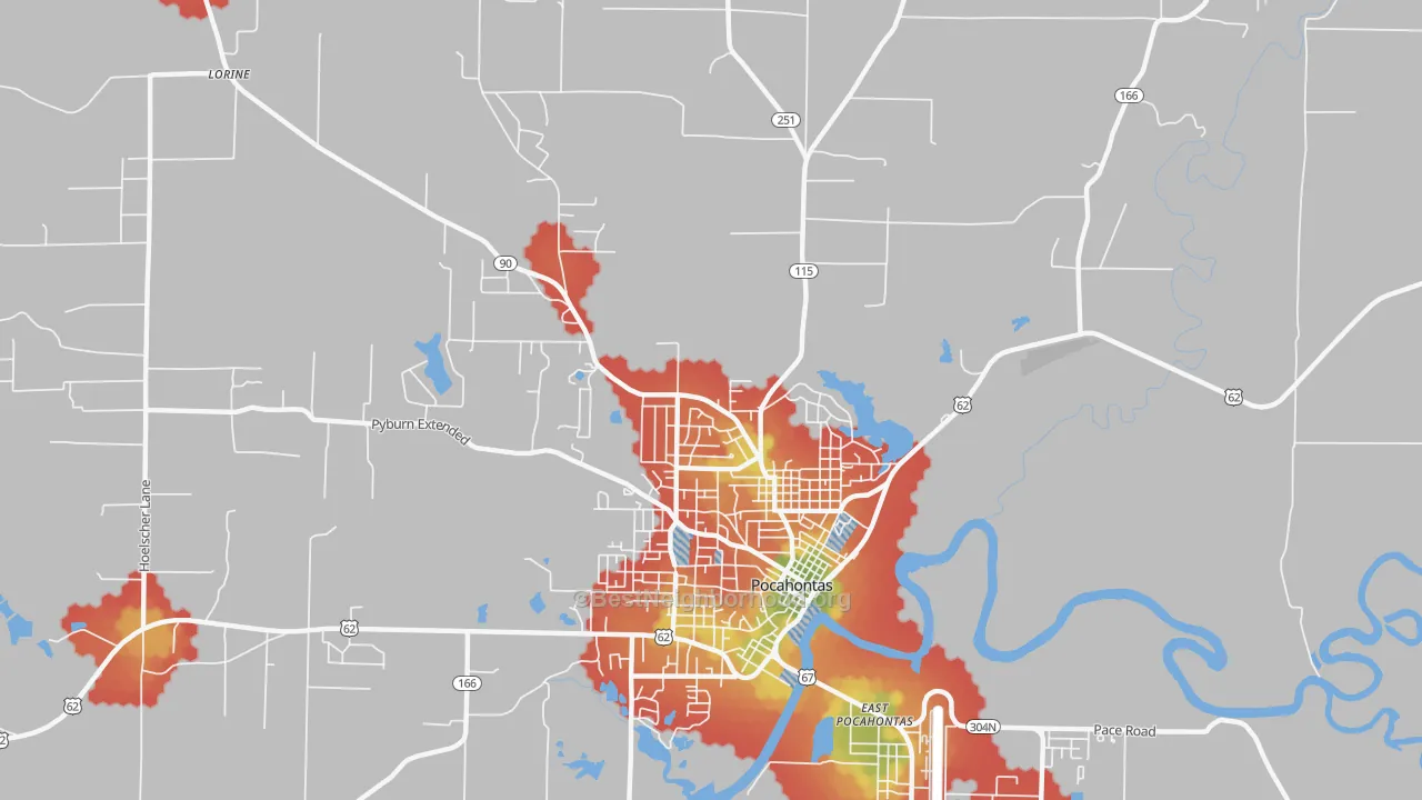 Walk Grade map of East Pocahontas, AR, walkable areas in green and car-dependent areas in red
