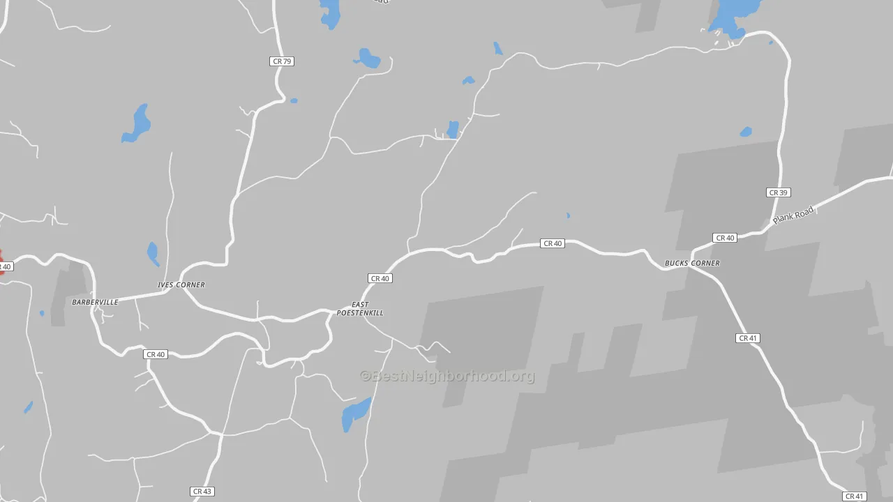 Walk Grade map of East Poestenkill, NY, walkable areas in green and car-dependent areas in red
