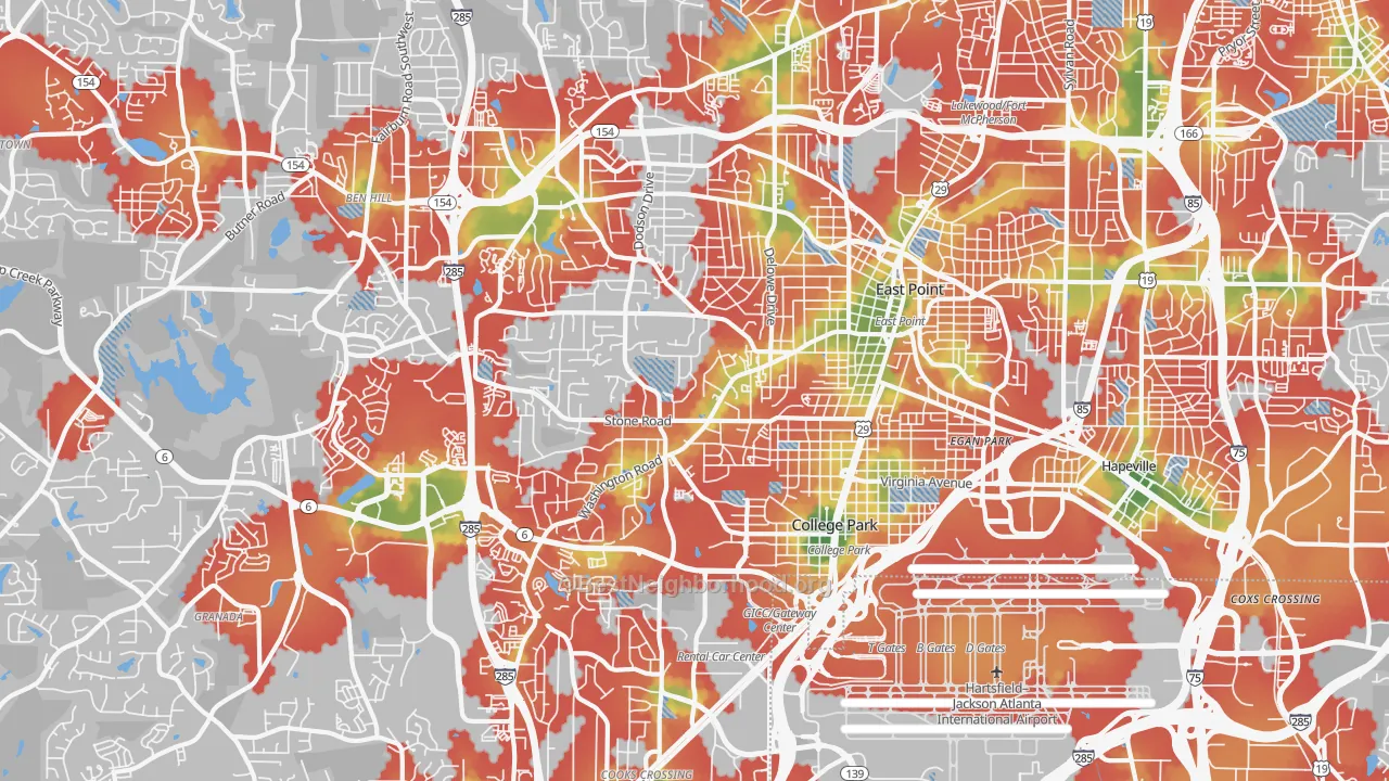 Walk Grade map of East Point, GA, walkable areas in green and car-dependent areas in red