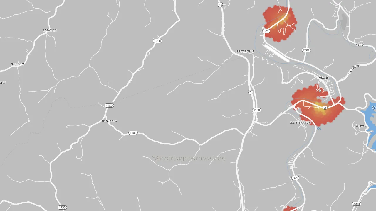Walk Grade map of East Point, KY, walkable areas in green and car-dependent areas in red