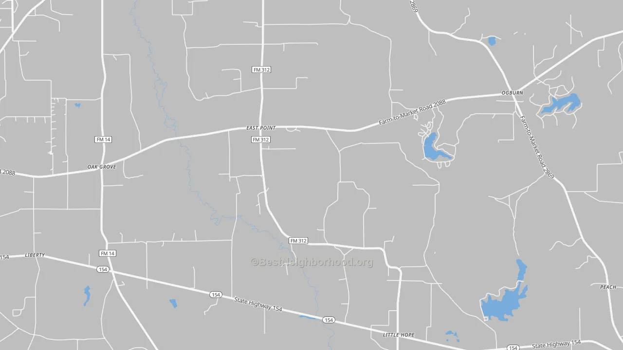 Walk Grade map of East Point, TX, walkable areas in green and car-dependent areas in red