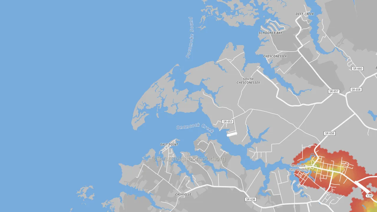 Walk Grade map of East Point, VA, walkable areas in green and car-dependent areas in red