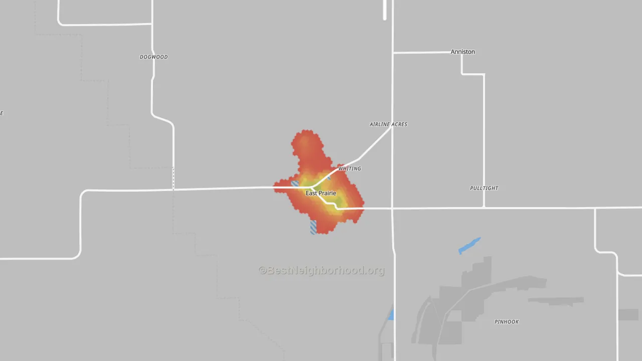 Walk Grade map of East Prairie, MO, walkable areas in green and car-dependent areas in red