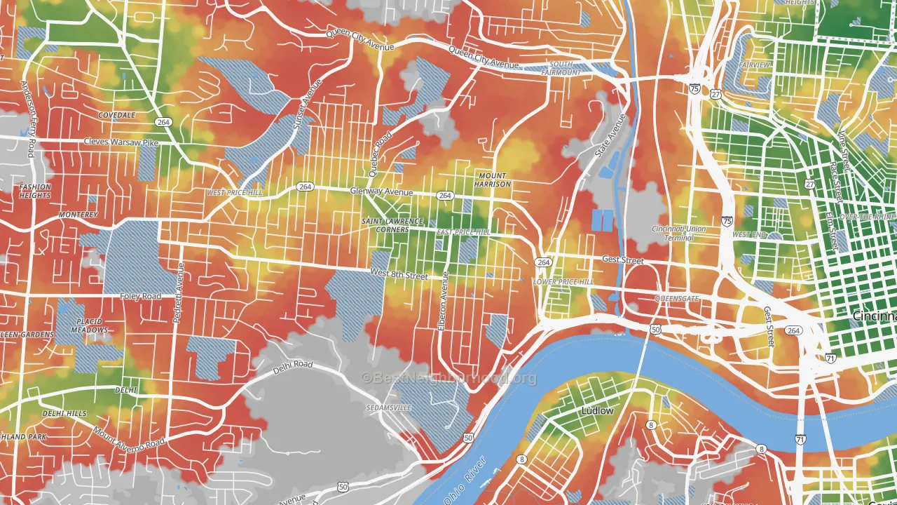 Walk Grade map of East Price Hill, Cincinnati, OH, walkable areas in green and car-dependent areas in red
