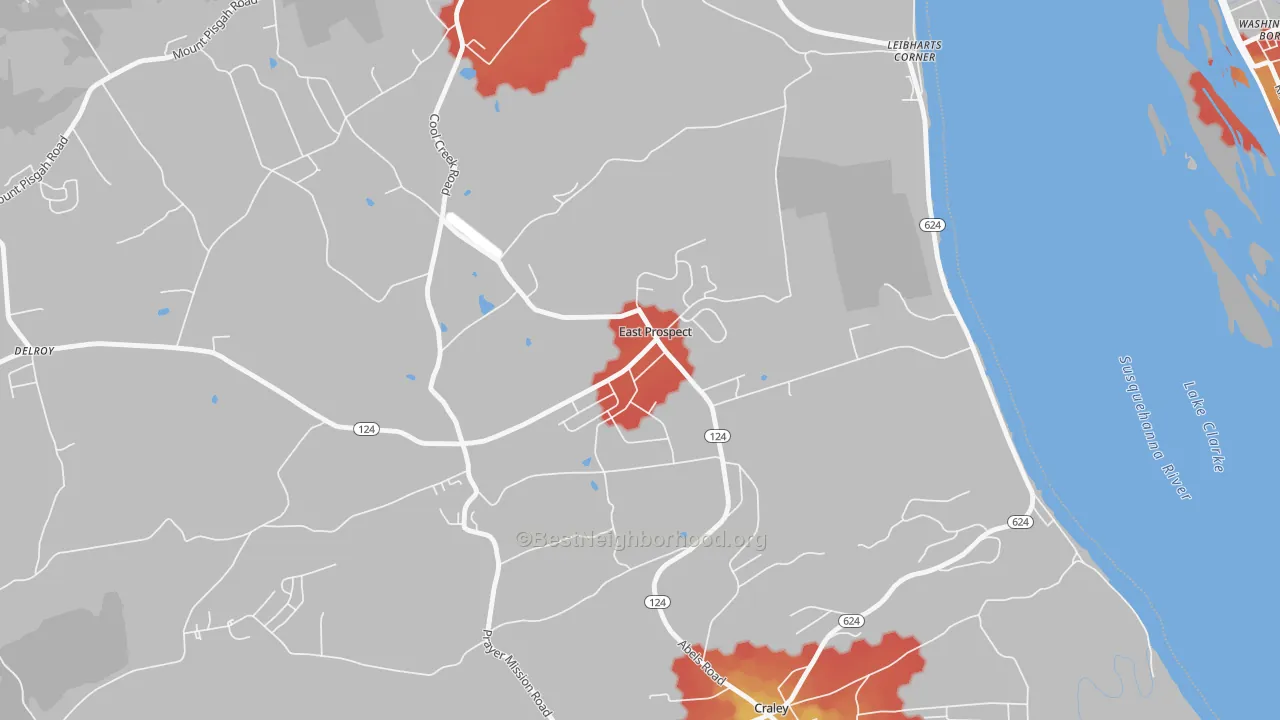 Walk Grade map of East Prospect, PA, walkable areas in green and car-dependent areas in red