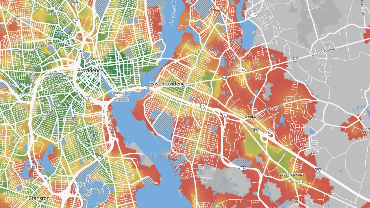 Walk Grade map of East Providence, RI, walkable areas in green and car-dependent areas in red