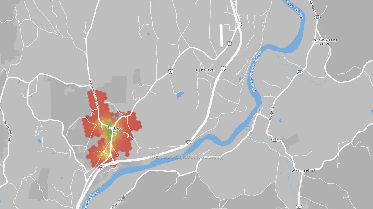 Walk Grade map of East Putney, VT, walkable areas in green and car-dependent areas in red