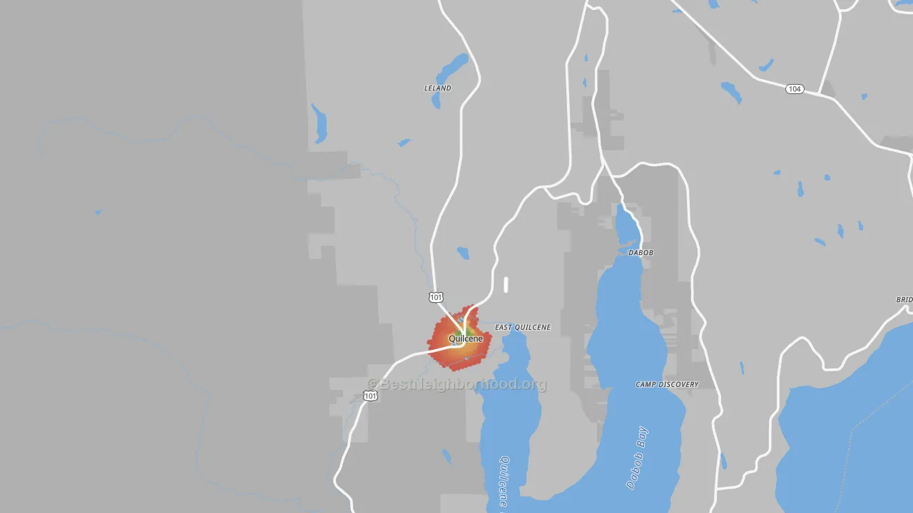Walk Grade map of East Quilcene, WA, walkable areas in green and car-dependent areas in red