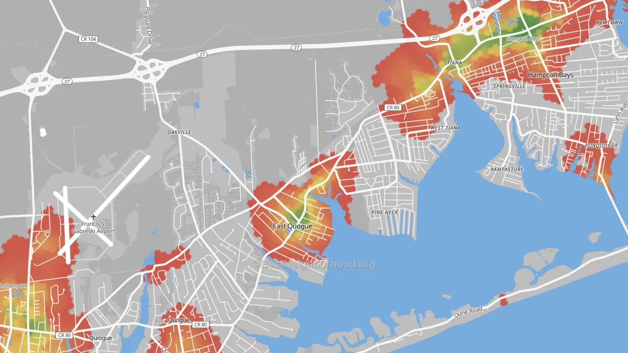 Walk Grade map of East Quogue, NY, walkable areas in green and car-dependent areas in red