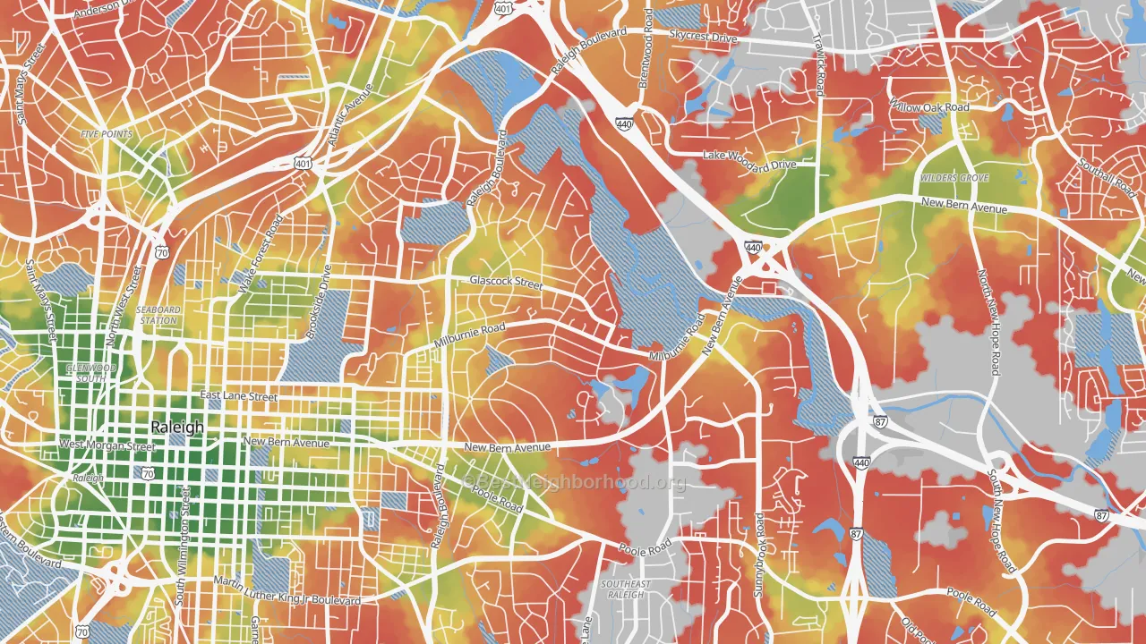 Walk Grade map of East Raleigh, Raleigh, NC, walkable areas in green and car-dependent areas in red