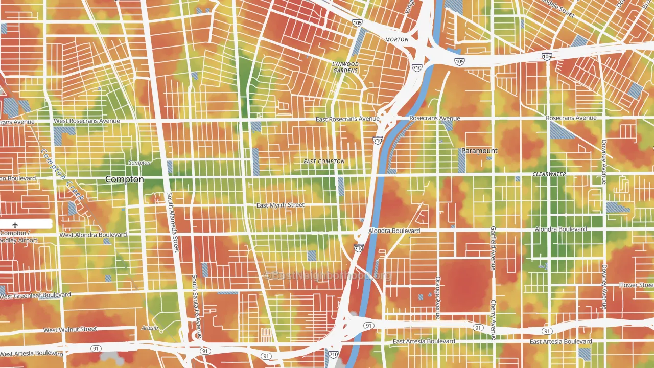 Walk Grade map of East Rancho Dominguez, CA, walkable areas in green and car-dependent areas in red