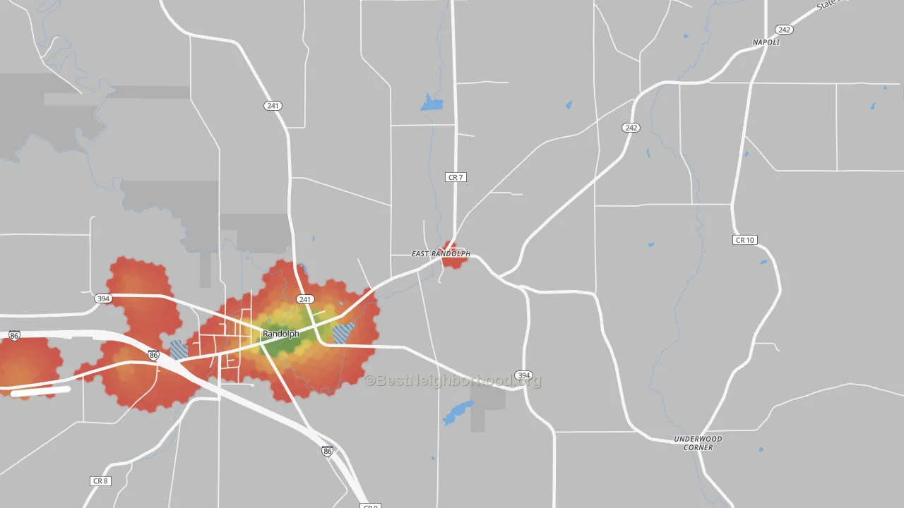 Walk Grade map of East Randolph, NY, walkable areas in green and car-dependent areas in red