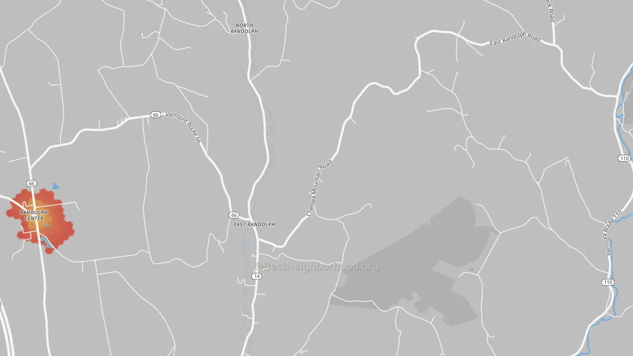Walk Grade map of East Randolph, VT, walkable areas in green and car-dependent areas in red