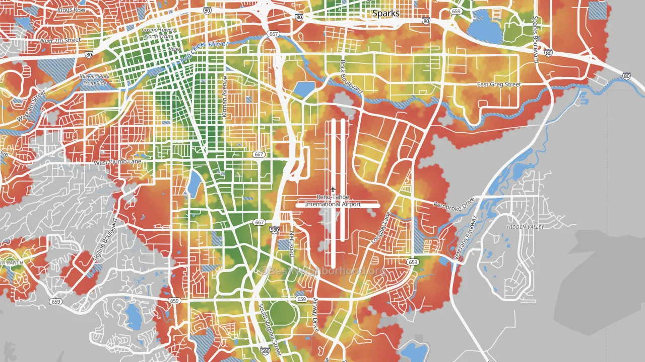 Walk Grade map of East Reno, Reno, NV, walkable areas in green and car-dependent areas in red