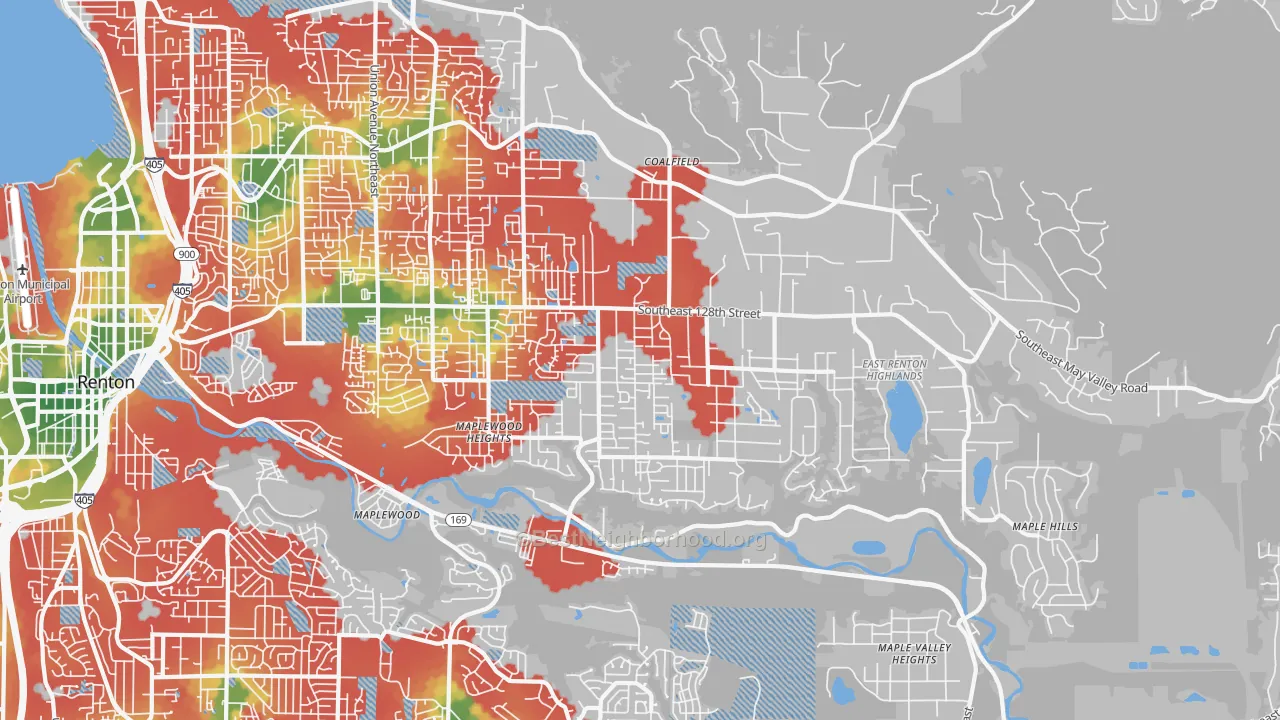 Walk Grade map of East Renton Highlands, WA, walkable areas in green and car-dependent areas in red