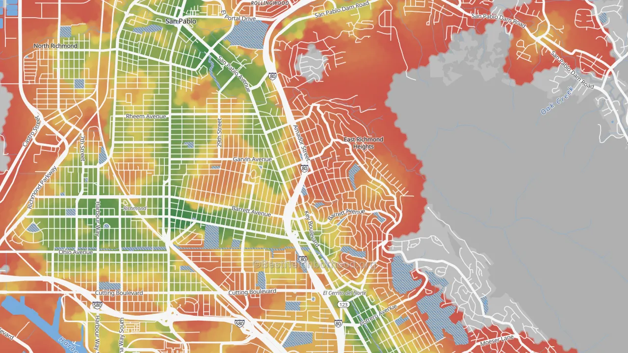 Walk Grade map of East Richmond, Richmond, CA, walkable areas in green and car-dependent areas in red