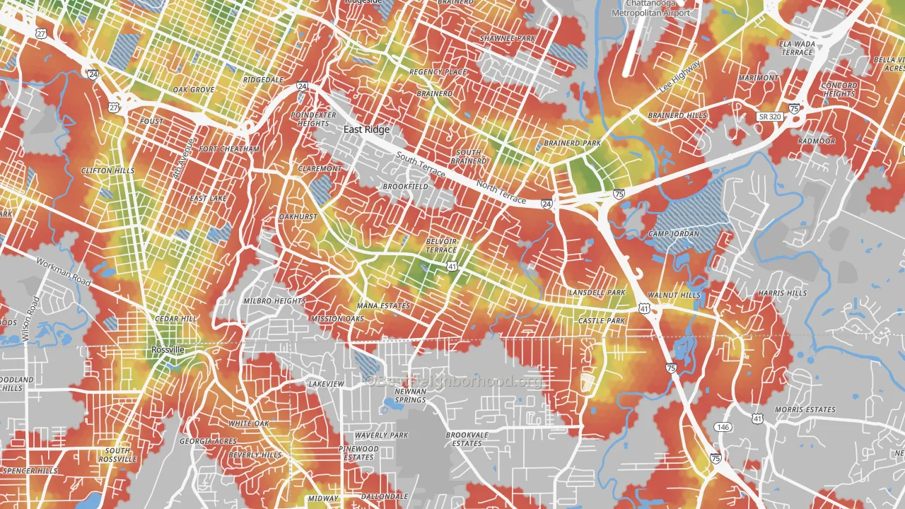 Walk Grade map of East Ridge, TN, walkable areas in green and car-dependent areas in red