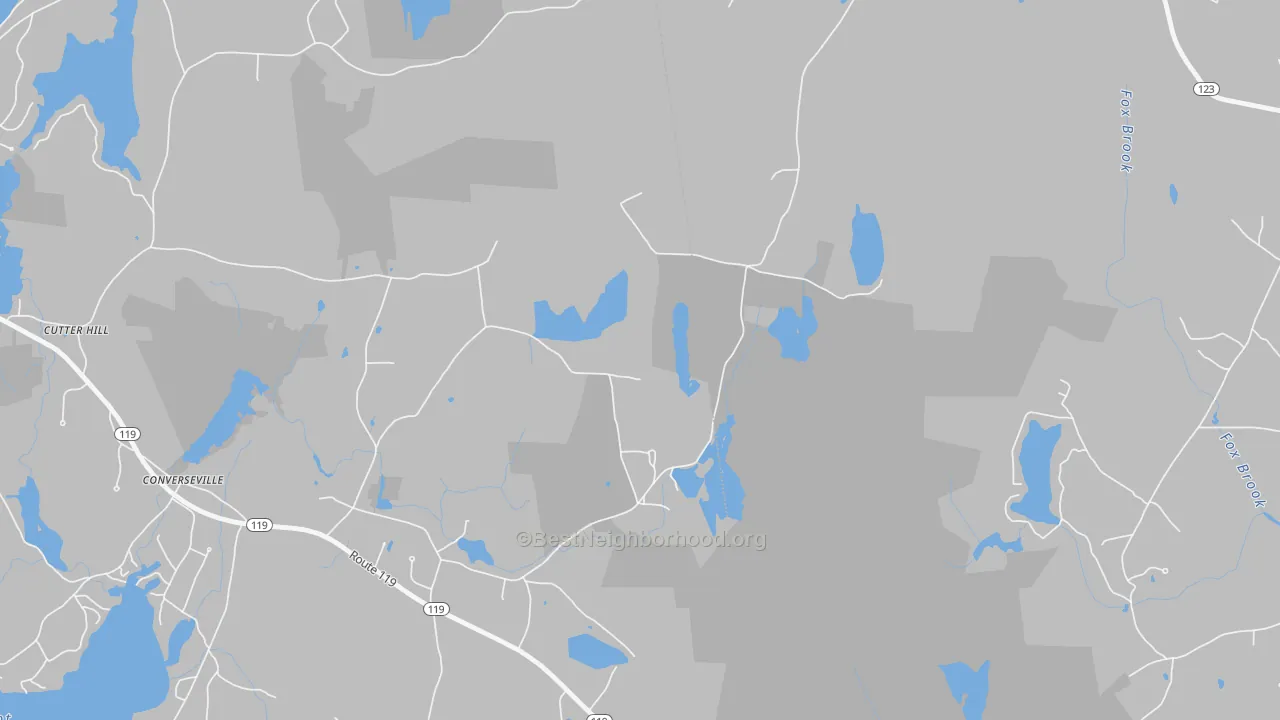 Walk Grade map of East Rindge, NH, walkable areas in green and car-dependent areas in red