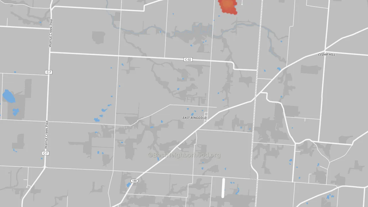 Walk Grade map of East Ringgold, OH, walkable areas in green and car-dependent areas in red
