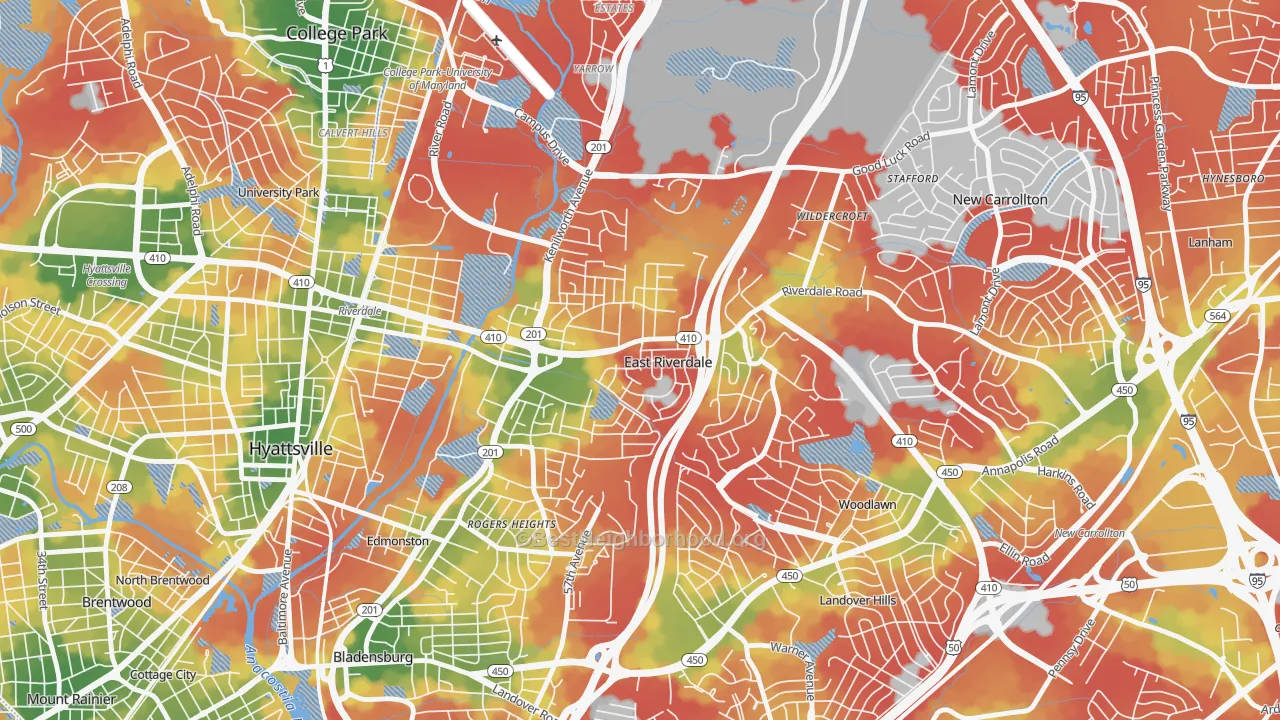 Walk Grade map of East Riverdale, MD, walkable areas in green and car-dependent areas in red