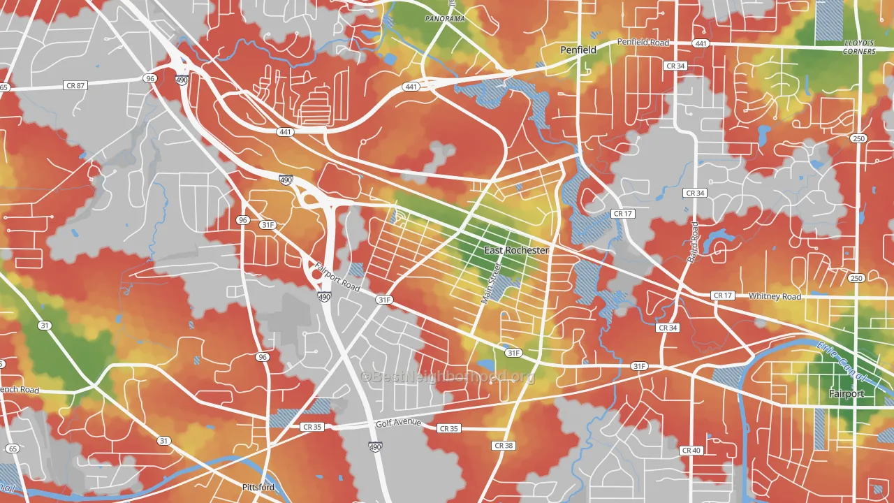 Walk Grade map of East Rochester, NY, walkable areas in green and car-dependent areas in red