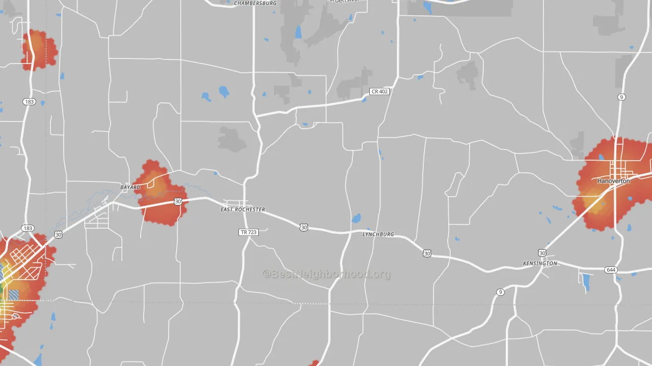Walk Grade map of East Rochester, OH, walkable areas in green and car-dependent areas in red