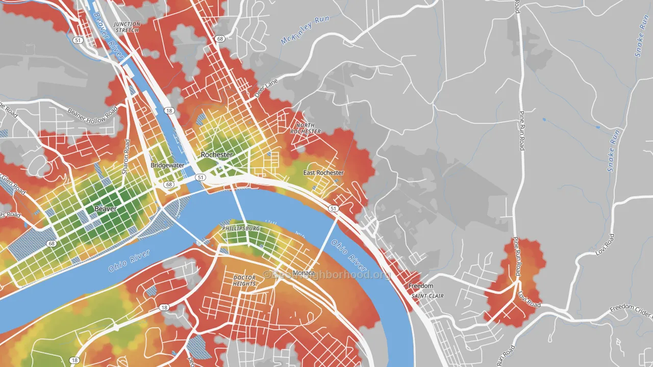 Walk Grade map of East Rochester, PA, walkable areas in green and car-dependent areas in red