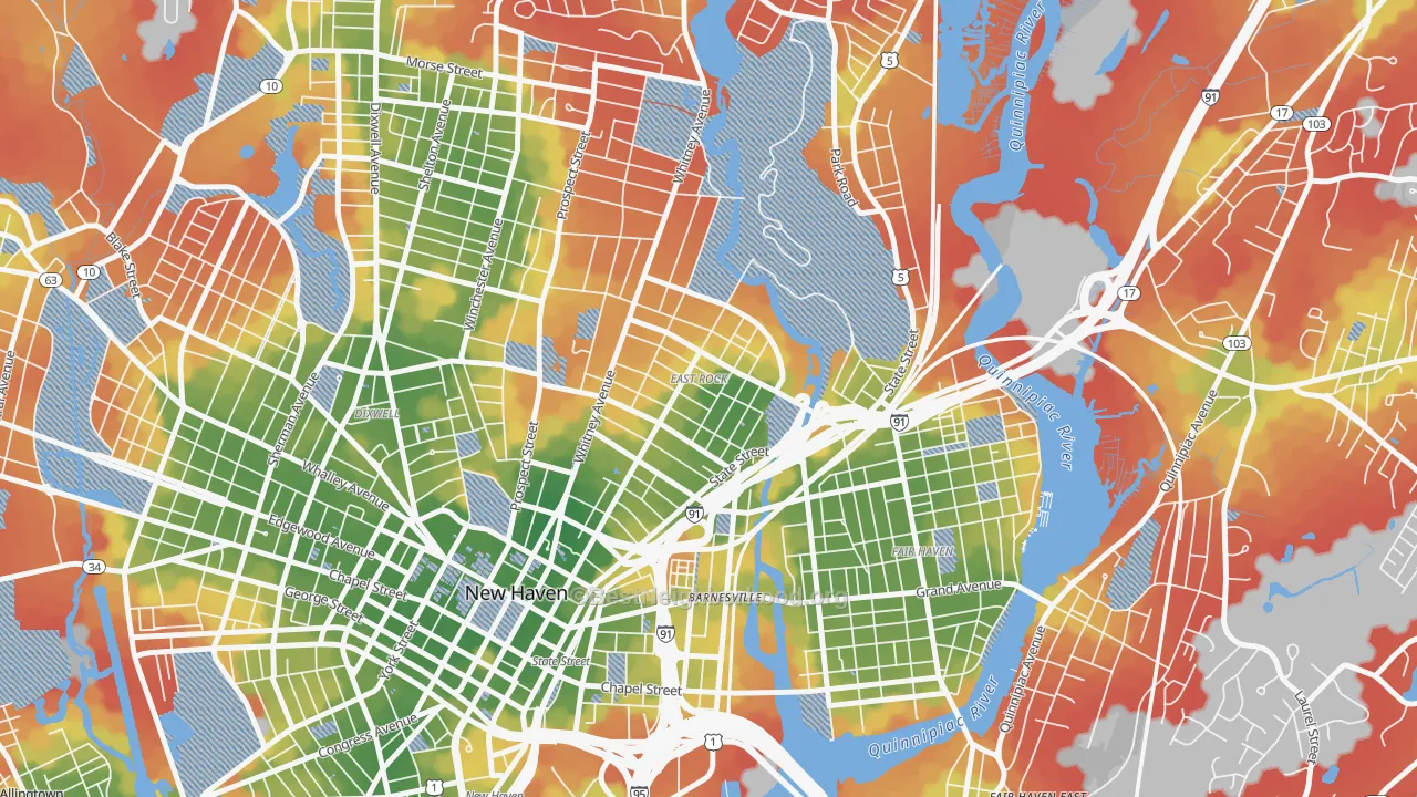 Walk Grade map of East Rock, New Haven, CT, walkable areas in green and car-dependent areas in red