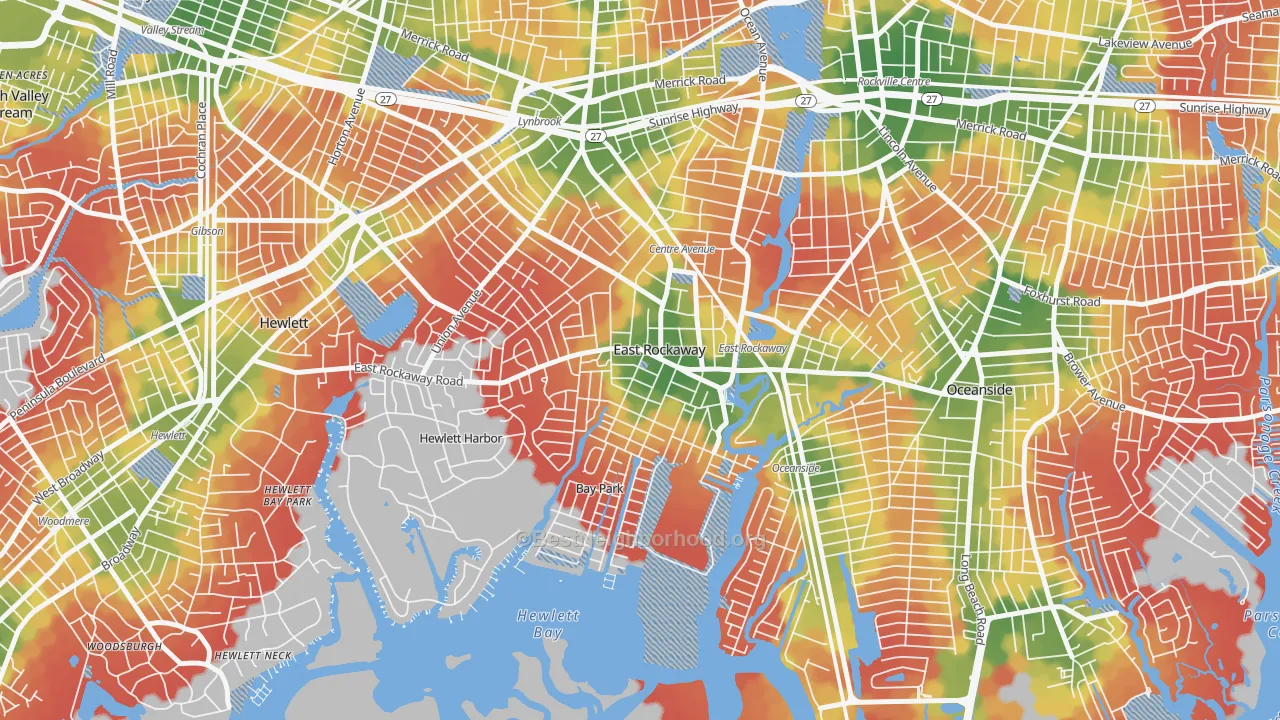 Walk Grade map of East Rockaway, NY, walkable areas in green and car-dependent areas in red