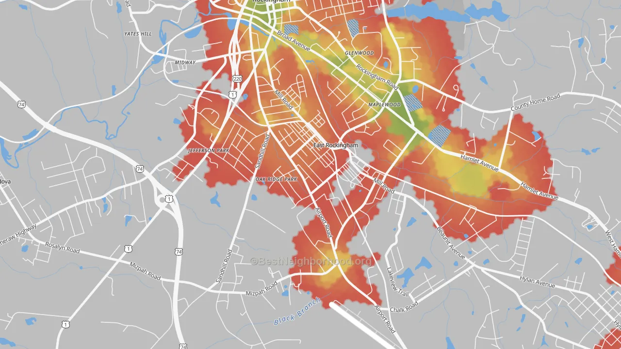 Walk Grade map of East Rockingham, NC, walkable areas in green and car-dependent areas in red