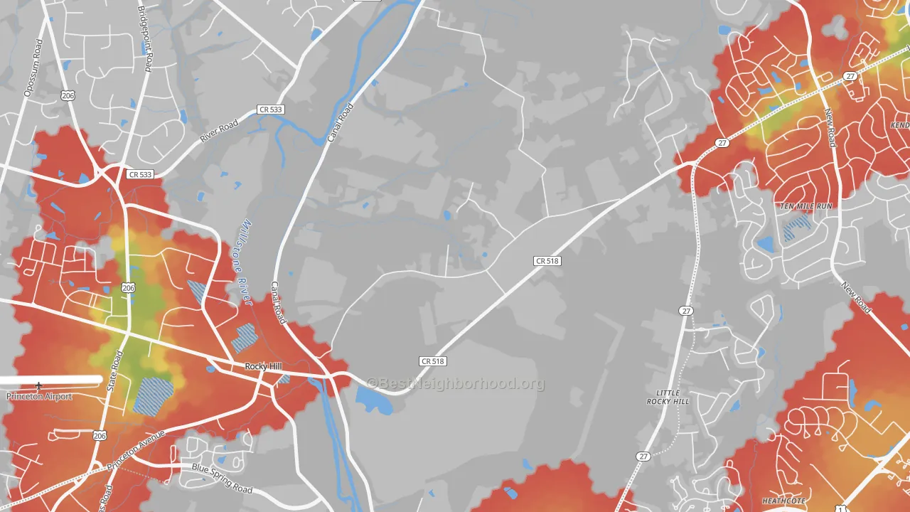 Walk Grade map of East Rocky Hill, NJ, walkable areas in green and car-dependent areas in red