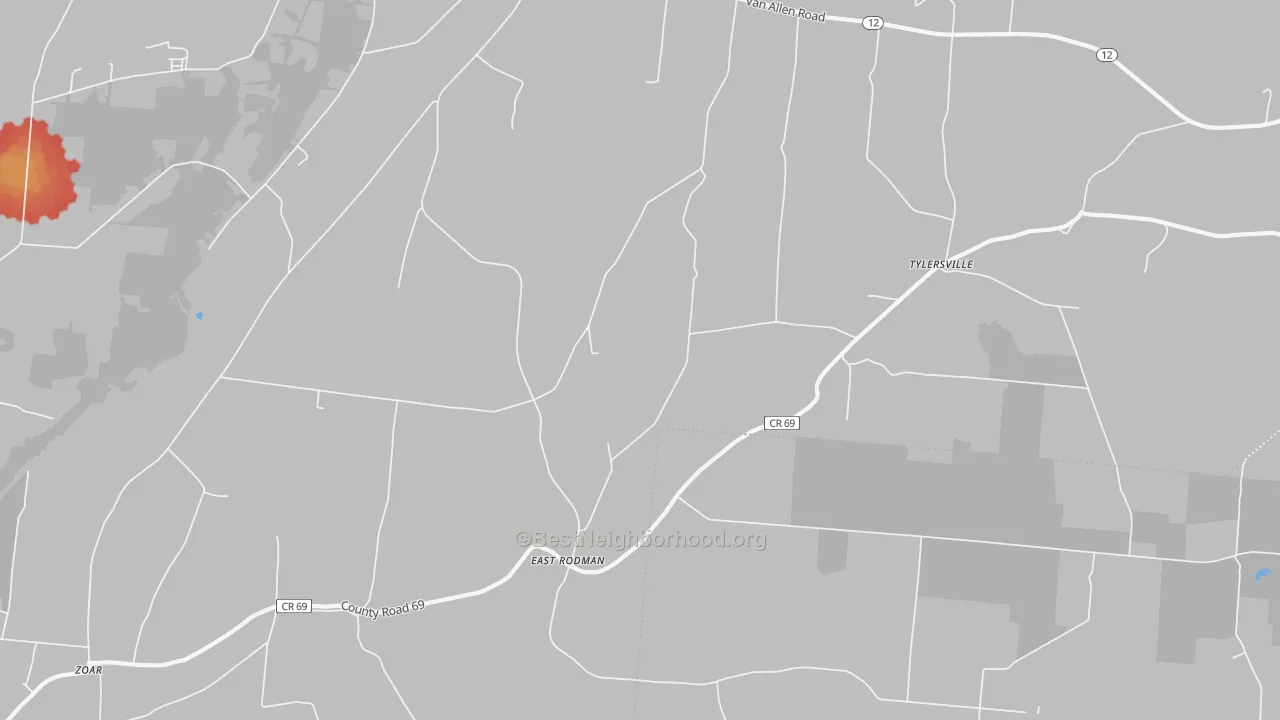 Walk Grade map of East Rodman, NY, walkable areas in green and car-dependent areas in red