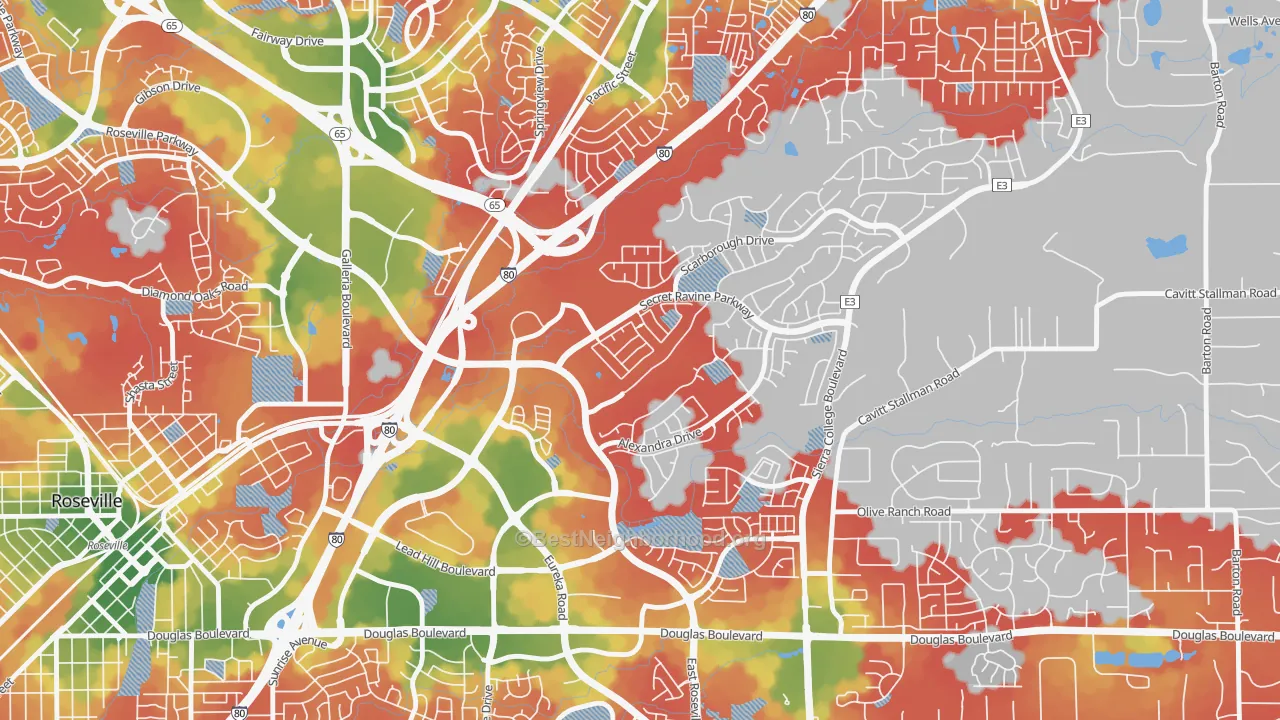 Walk Grade map of East Roseville Parkway, Roseville, CA, walkable areas in green and car-dependent areas in red