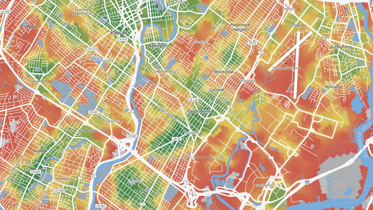 Walk Grade map of East Rutherford, NJ, walkable areas in green and car-dependent areas in red