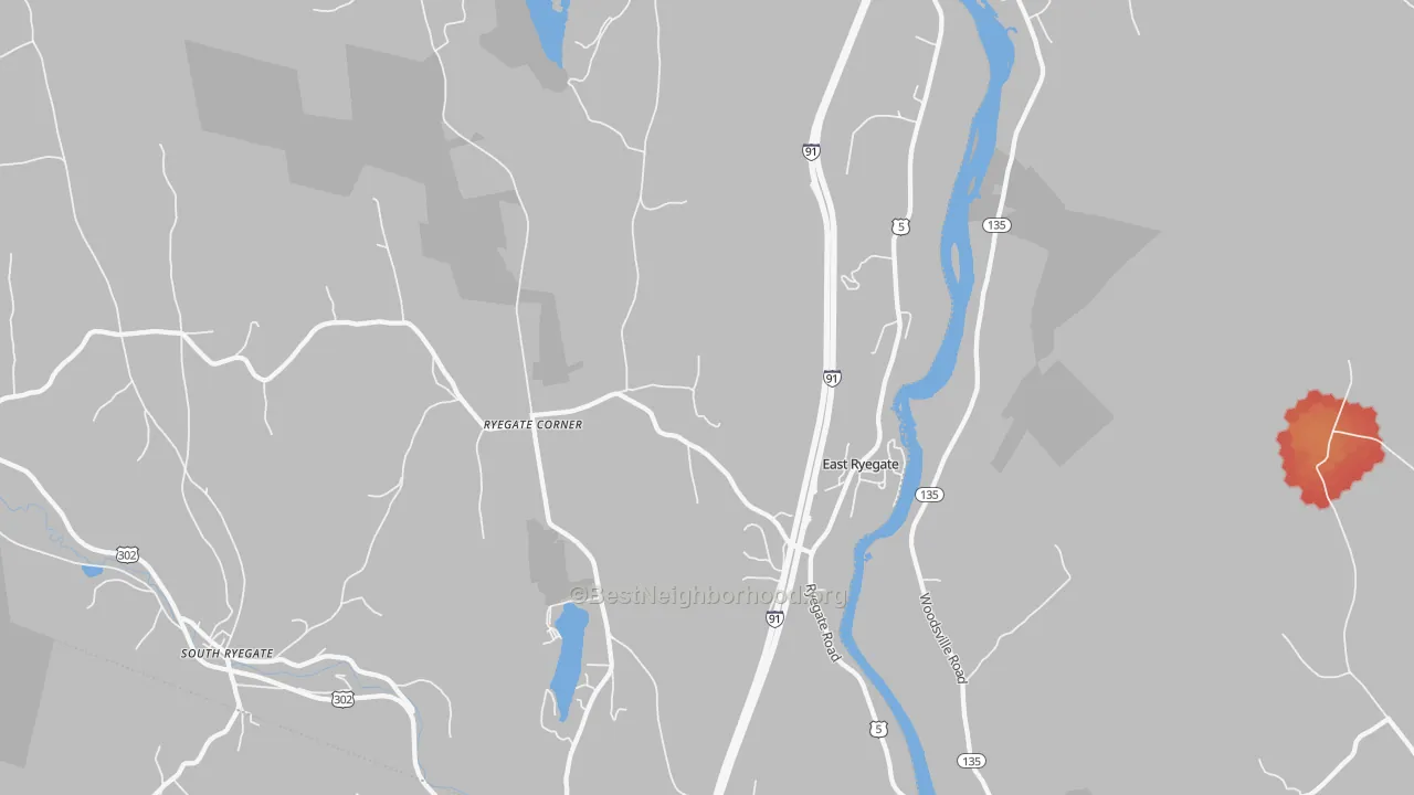 Walk Grade map of East Ryegate, VT, walkable areas in green and car-dependent areas in red
