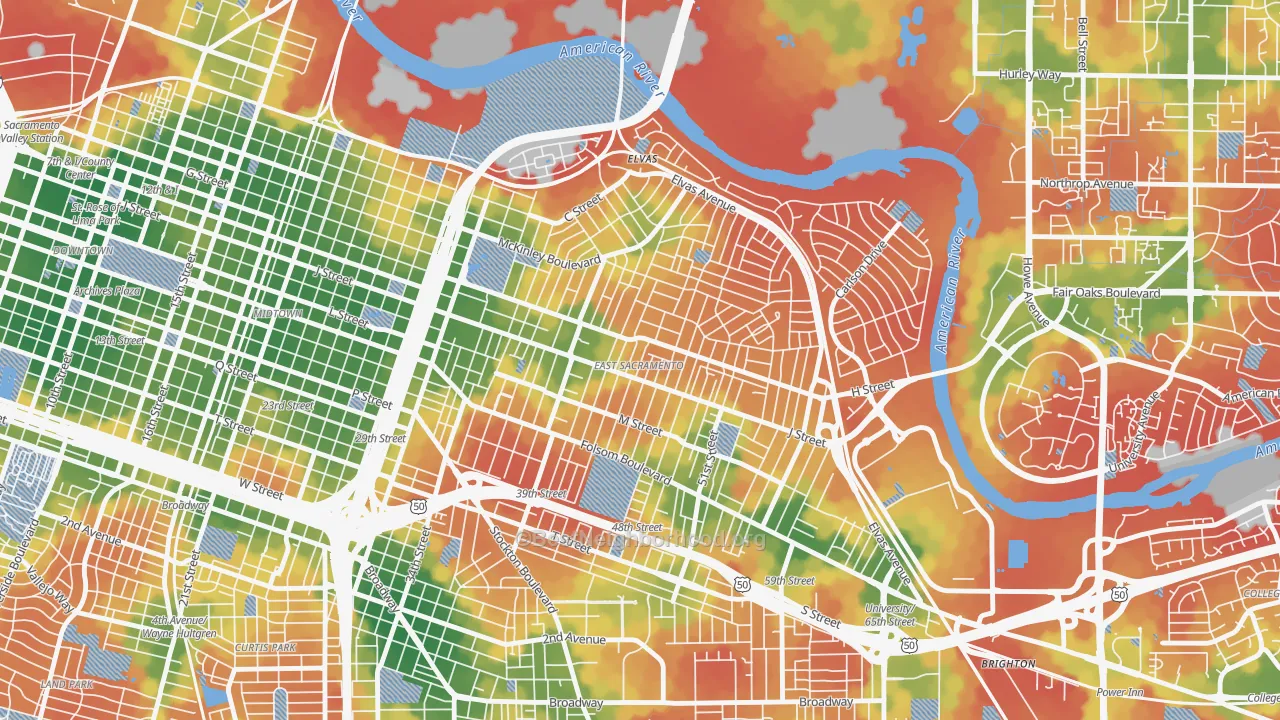 Walk Grade map of East Sacramento, Sacramento, CA, walkable areas in green and car-dependent areas in red