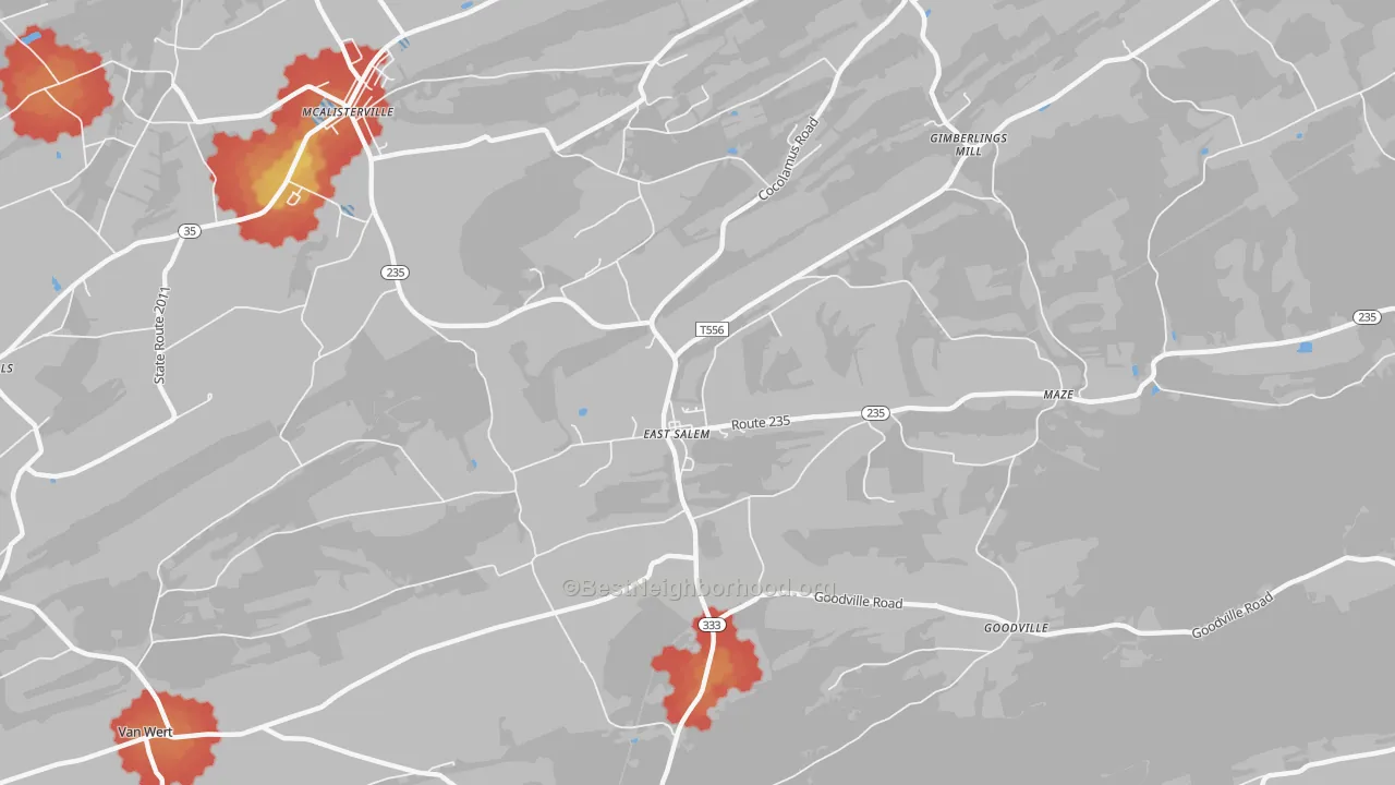 Walk Grade map of East Salem, PA, walkable areas in green and car-dependent areas in red